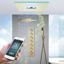 Cargar imagen en el visor de la galería, 16-Inch Brushed Gold Flush Mount Shower Faucet Set with 6-Way Thermostatic Control, 64-Color LED, Bluetooth Music, Rainfall-Waterfall-Mist Features, Rotating Hydro Jet, and Regular Head
