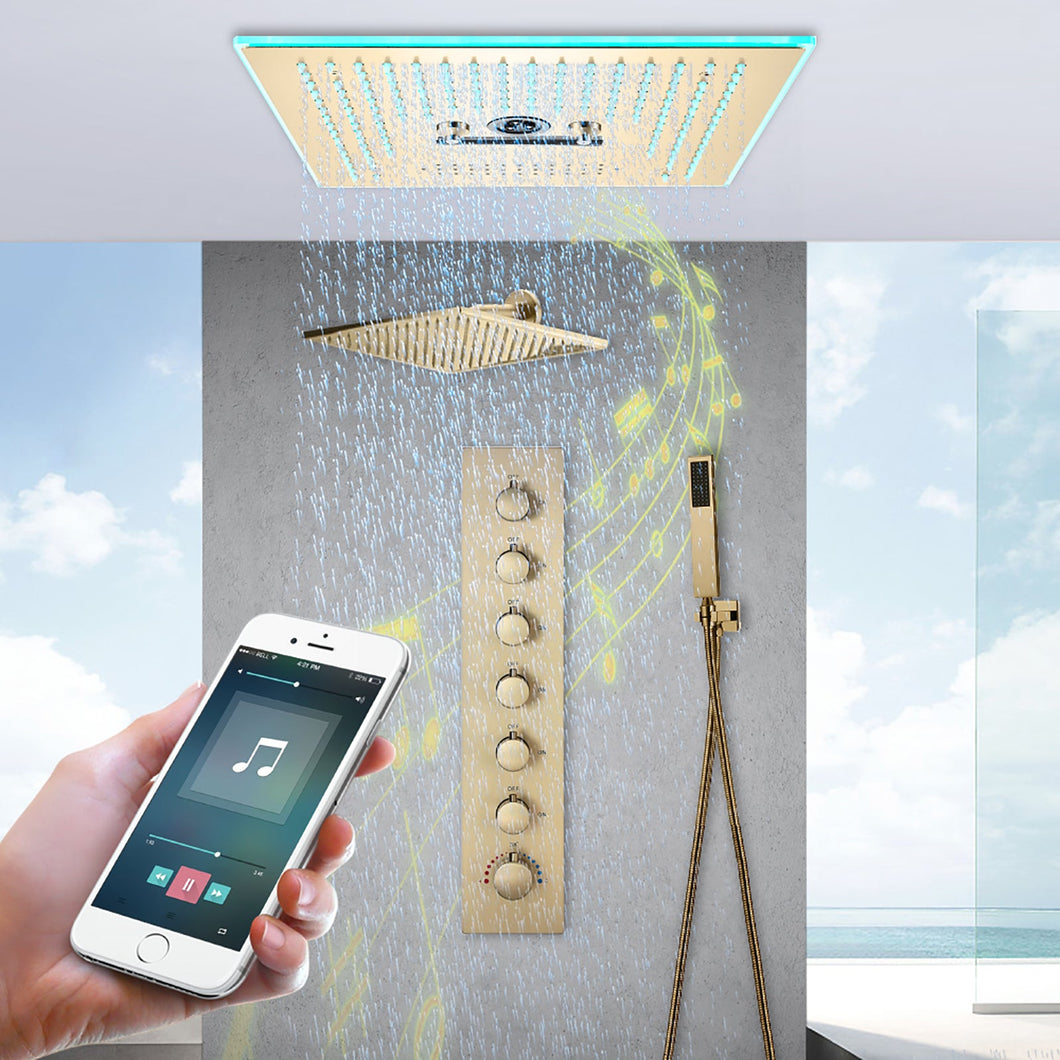 16-Inch Brushed Gold Flush Mount Shower Faucet Set with 6-Way Thermostatic Control, 64-Color LED, Bluetooth Music, Rainfall-Waterfall-Mist Features, Rotating Hydro Jet, and Regular Head
