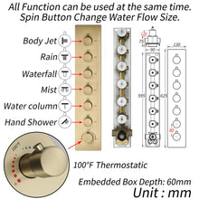 Load image into Gallery viewer, 16-Inch Brushed Gold Flush Mount Shower Faucet Set with 6-Way Thermostatic Control, 64-Color LED, Bluetooth Music, Rainfall-Waterfall-Mist Features, Rotating Hydro Jet, and Regular Head
