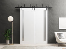 Cargar imagen en el visor de la galería, Planum 0660 Painted White Double Barn Door with Frosted Glass and Black Bypass Rail
