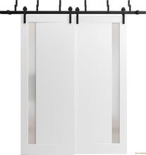 Carregar imagem no visualizador da galeria, Planum 0660 Painted White Double Barn Door with Frosted Glass and Black Bypass Rail
