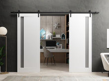 Load image into Gallery viewer, Planum 0660 Painted White Double Barn Door with Frosted Glass and Black Rail
