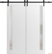 Carregar imagem no visualizador da galeria, Planum 0660 Painted White Double Barn Door with Frosted Glass and Black Rail
