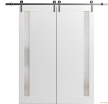 Load image into Gallery viewer, Planum 0660 Painted White Double Barn Door with Frosted Glass and Silver Rail
