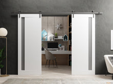 Load image into Gallery viewer, Planum 0660 Painted White Double Barn Door with Frosted Glass and Silver Rail
