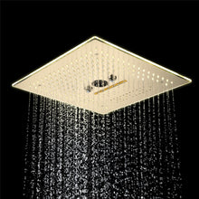 Load image into Gallery viewer, 16-Inch Brushed Gold Flush Mount Shower Faucet Set with 6-Way Thermostatic Control, 64-Color LED, Bluetooth Music, Rainfall-Waterfall-Mist Features, Rotating Hydro Jet, and Regular Head
