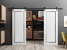 Cargar imagen en el visor de la galería, Planum 0888 Painted White Double Barn Door with Frosted Glass and Black Rail
