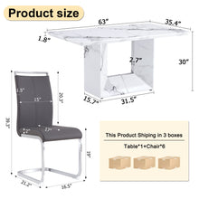 Carregar imagem no visualizador da galeria, A simple dining table. A dining table with a white marble pattern. 6 PU synthetic leather high backrest cushioned side chairs with C-shaped silver metal legs. DT-SQ-16090-wh
