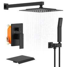 Carregar imagem no visualizador da galeria, Rain Mixer Shower Faucet Set with Waterfall Tub Spout 10 inch Square Rainfall Shower Head with Handheld Spray Matte Black Wall Mounted Pressure Balance Rough-in Valve and Trim Included
