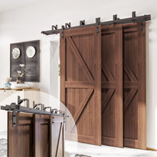 Carregar imagem no visualizador da galeria, Black Rustic Triple Track Bypass Sliding Barn Door Hardware Kit - Straight Design (for Door Thickness 1-3/8in ~ 1-3/4in)
