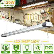Load image into Gallery viewer, 120W LED Shop Light, 4FT, 16800LM, 5000K, Linkable, With Plug, 120V±10%, ON/Off Pull Chain, Suspended &amp; Flush Mount
