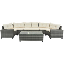 Carregar imagem no visualizador da galeria, 8-pieces Outdoor Wicker Round Sofa Set, Half-Moon Sectional Sets All Weather, Curved Sofa Set With Rectangular Coffee Table, PE Rattan Water-resistant and UV Protected, Movable Cushion, Beige
