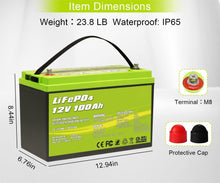 Load image into Gallery viewer, 12V 100Ah LiFePO4 Deep Cycle Lithium Battery
