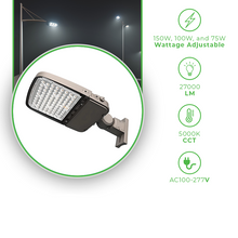 Load image into Gallery viewer, 150 Watt Tunable Commercial Parking Lot Lights | Universal Mount | 5000K - 100-277V AC, Brown Finish, with Photocell, 1-10V Dimmable - Arm Bracket for Square Pole or Round Pole
