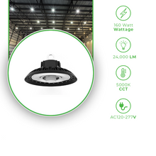 Carregar imagem no visualizador da galeria, 160W UFO LED Industrial High Bay Light for Warehouse with 24,000 Lumens, 5000K Daylight White, Black Finish IP65 UL/DLC Listed.
