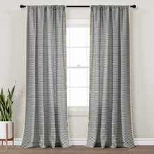 Load image into Gallery viewer, Boho Coastal Horizontal Ticking Stripe Tassel Window Curtain Panel Set
