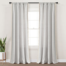 Cargar imagen en el visor de la galería, Boho Coastal Horizontal Ticking Stripe Tassel Window Curtain Panel Set
