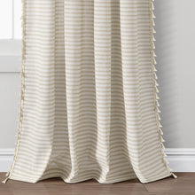 Cargar imagen en el visor de la galería, Boho Coastal Horizontal Ticking Stripe Tassel Window Curtain Panel Set
