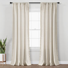 Cargar imagen en el visor de la galería, Boho Coastal Horizontal Ticking Stripe Tassel Window Curtain Panel Set
