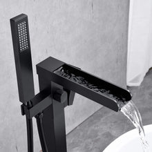 Carregar imagem no visualizador da galeria, Bathroom Freestanding Waterfall Tub filler Matte Black Floor Mount Faucet with Hand Shower
