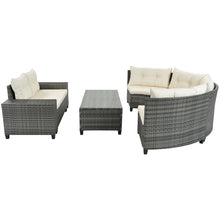 Carregar imagem no visualizador da galeria, 8-pieces Outdoor Wicker Round Sofa Set, Half-Moon Sectional Sets All Weather, Curved Sofa Set With Rectangular Coffee Table, PE Rattan Water-resistant and UV Protected, Movable Cushion, Beige
