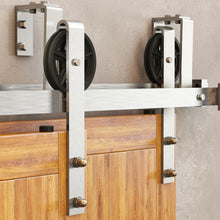 Load image into Gallery viewer, Double Track U-Shape Bypass Sliding Barn Door Hardware Kit - Spoke Wheel Design Roller
