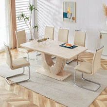 Load image into Gallery viewer, Table and chair set.Modern minimalist luxury MDF rectangular dining table with light yellow textured stickers on the table, 6 PU synthetic leather high backrest soft cushioned side chairs.
