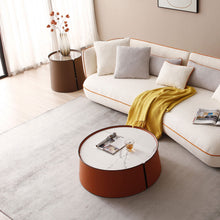 Load image into Gallery viewer, (NOT available on wayfair) 31.5inch Coffee Table, Marble Top+Orange Saddle Leather Body+Iron Frame
