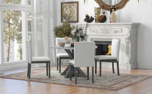 Carregar imagem no visualizador da galeria, 5-Piece Farmhouse Style Dining Table Set, Marble Sticker and Cross Bracket Pedestal Dining Table, and 4 Upholstered Chairs (White+Gray)
