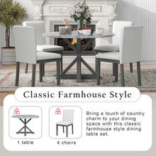 Carregar imagem no visualizador da galeria, 5-Piece Farmhouse Style Dining Table Set, Marble Sticker and Cross Bracket Pedestal Dining Table, and 4 Upholstered Chairs (White+Gray)
