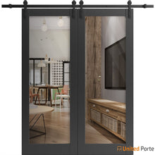 Load image into Gallery viewer, Lucia 2166 Matte Black Double Barn Door with Clear Glass and Black Rail
