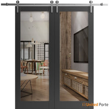 Carregar imagem no visualizador da galeria, Lucia 2166 Matte Black Double Barn Door with Clear Glass and Silver Rail
