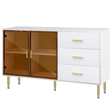 Carregar imagem no visualizador da galeria, Modern Sideboard MDF Buffet Cabinet Marble Sticker Tabletop and Amber-yellow Tempered Glass Doors with Gold Metal Legs &amp; Handles (White)
