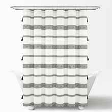 Load image into Gallery viewer, Ava Boho Stripe Tassel Yarn Dyed Recycled Cotton Shower Curtain
