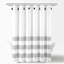 Load image into Gallery viewer, Boho Tassel Stripe Yarn Dyed Recycled Cotton Blend Shower Curtain
