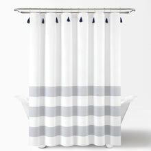 Load image into Gallery viewer, Boho Tassel Stripe Yarn Dyed Recycled Cotton Blend Shower Curtain
