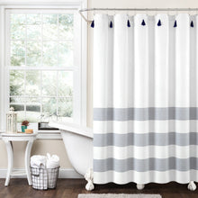 Load image into Gallery viewer, Boho Tassel Stripe Yarn Dyed Recycled Cotton Blend Shower Curtain
