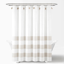 Load image into Gallery viewer, Boho Tassel Stripe Yarn Dyed Recycled Cotton Blend Shower Curtain
