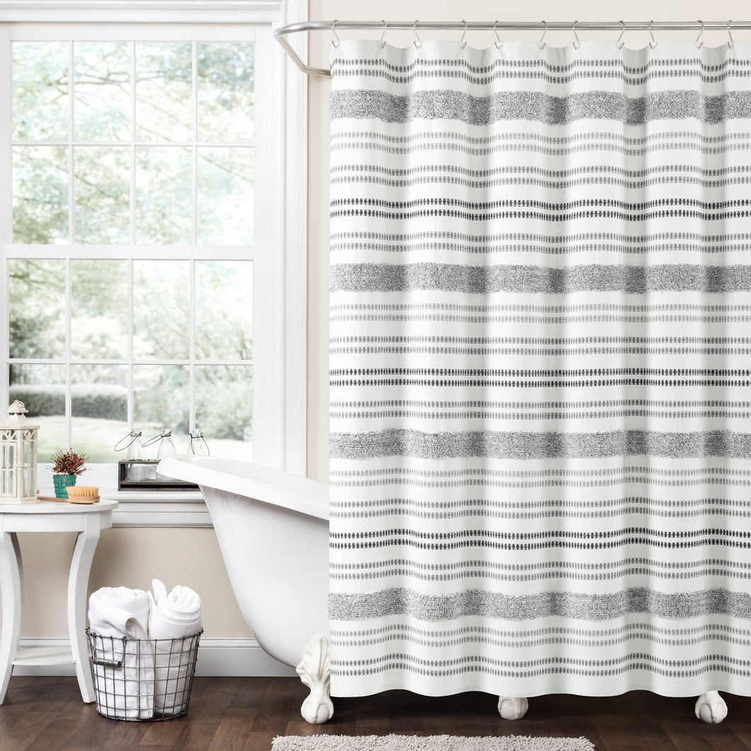 Modern Tufted Stripe Yarn Dyed Recycled Cotton Blend Shower Curtain