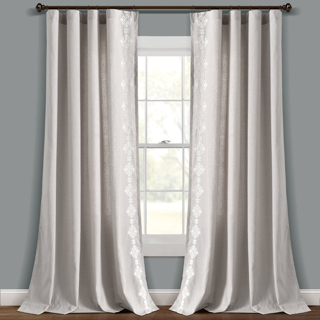 Luxury Modern Geo Linen Like Embroidery Border Window Curtain Panel