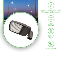 Cargar imagen en el visor de la galería, 240 Watt Tunable LED Shoebox Light for Parking Lots | 100-277V AC, 5000K, Up to 180lm/w  Dusk to Down Photocell Slip Fitter Mount
