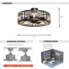 Cargar imagen en el visor de la galería, 27&quot; Wright Modern DC Motor Downrod Mount Reversible Crystal Ceiling Fan with Lighting and Remote Control
