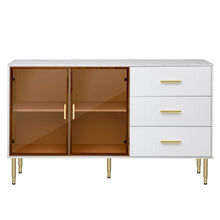 Carregar imagem no visualizador da galeria, Modern Sideboard MDF Buffet Cabinet Marble Sticker Tabletop and Amber-yellow Tempered Glass Doors with Gold Metal Legs &amp; Handles (White)
