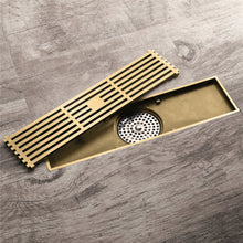 Cargar imagen en el visor de la galería, 12-Inch Brushed Gold Rectangular Floor Drain - Square Hole Pattern Cover Grate - Removable - Includes Accessories
