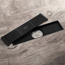Load image into Gallery viewer, 12-Inch Matte Black Rectangular Floor Drain - Square Hole Pattern Cover Grate - Removable - Includes Accessories
