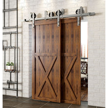 Load image into Gallery viewer, Double Track U-Shape Bypass Sliding Barn Door Hardware Kit - Spoke Wheel Design Roller
