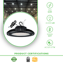 Load image into Gallery viewer, 300W LED UFO High Bay Light for Warehouse - 41,000LM, 5000K Daylight, Dimmable, IP65 Waterproof, Commercial Lighting
