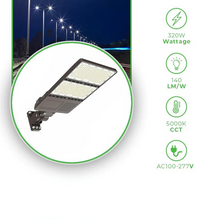 Carregar imagem no visualizador da galeria, 320W LED Pole Light With Built In Dusk to Dawn Sensor, 5000K and 48,518 Lumens, AC100-277V, 0-10V Dimmable LED Parking Lot Light
