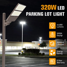 Cargar imagen en el visor de la galería, 320W LED Pole Light With Built In Dusk to Dawn Sensor, 5000K and 48,518 Lumens, AC100-277V, 0-10V Dimmable LED Parking Lot Light
