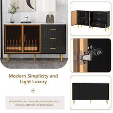 Carregar imagem no visualizador da galeria, Modern Sideboard MDF Buffet Cabinet Marble Sticker Tabletop and Amber-yellow Tempered Glass Doors with Gold Metal Legs &amp; Handles (Black)
